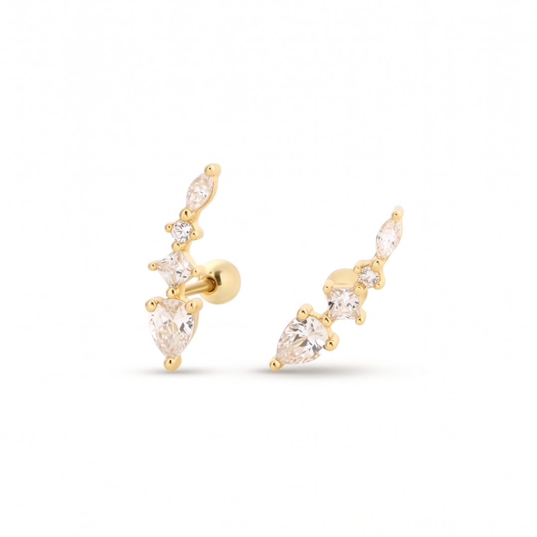 A pair of gold stud earrings with marquise and round cz, displayed on a clean white background.