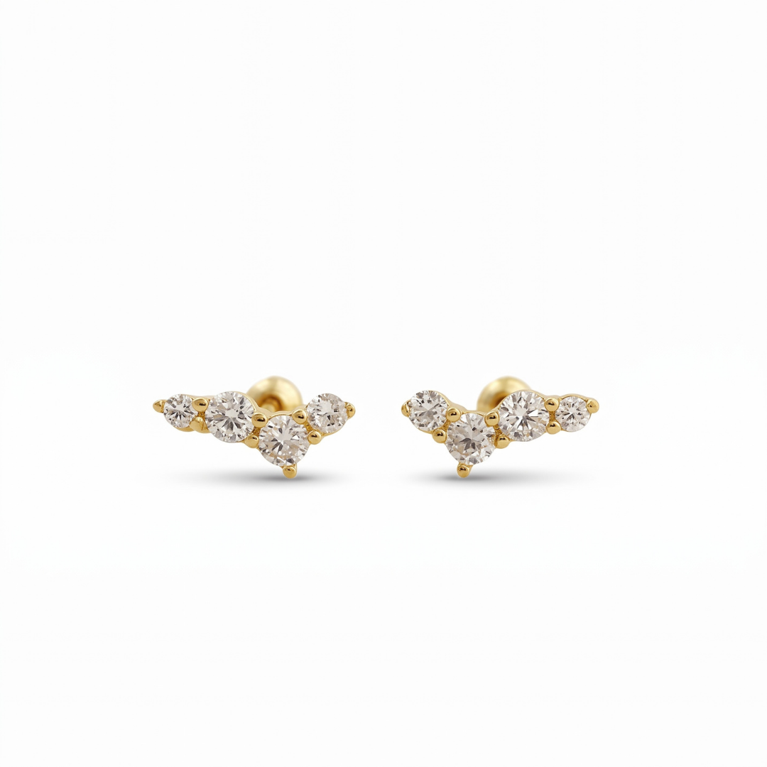 A pair of gold ear stud earrings with small clear gemstones, shown on a clean white background.