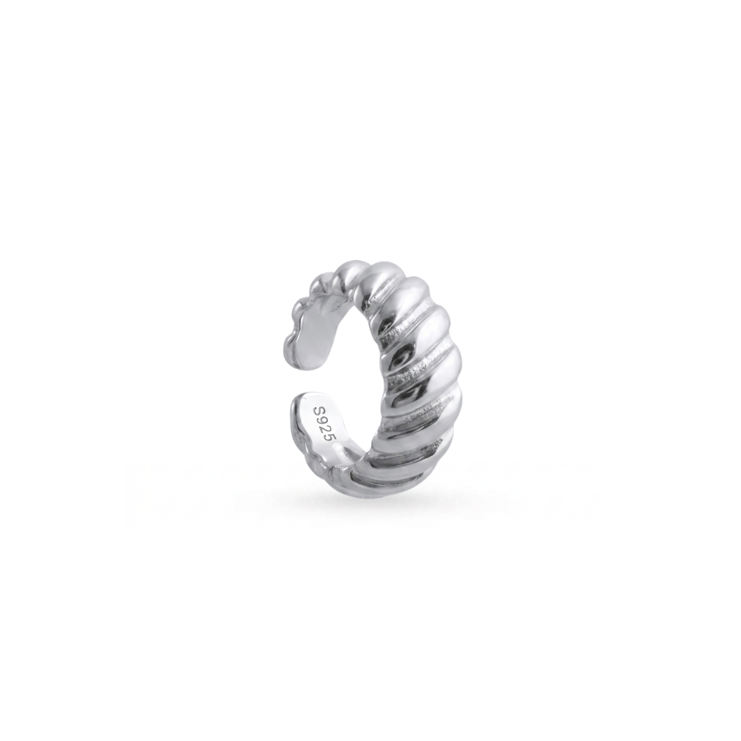 A sterling silver twisted rope ear cuff with a textured spiral design, shown on a clean white background. The inner band is stamped with 'S925' indicating sterling silver.