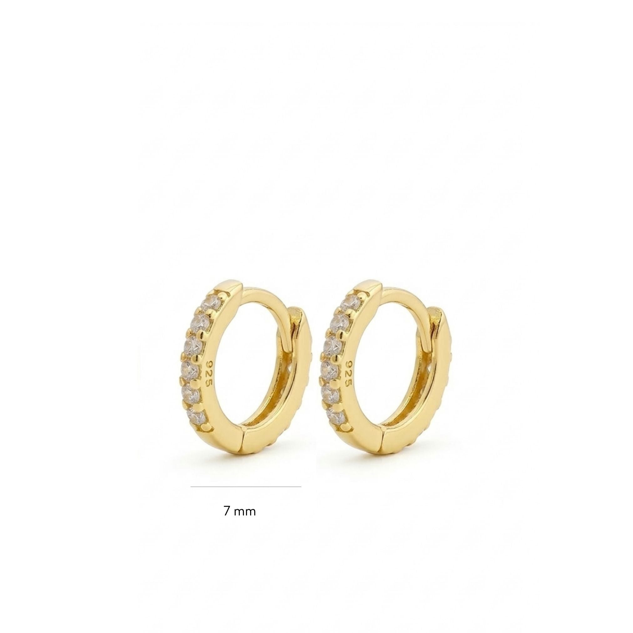 Gold hoop earrings with small diamonds on a white background 7mm