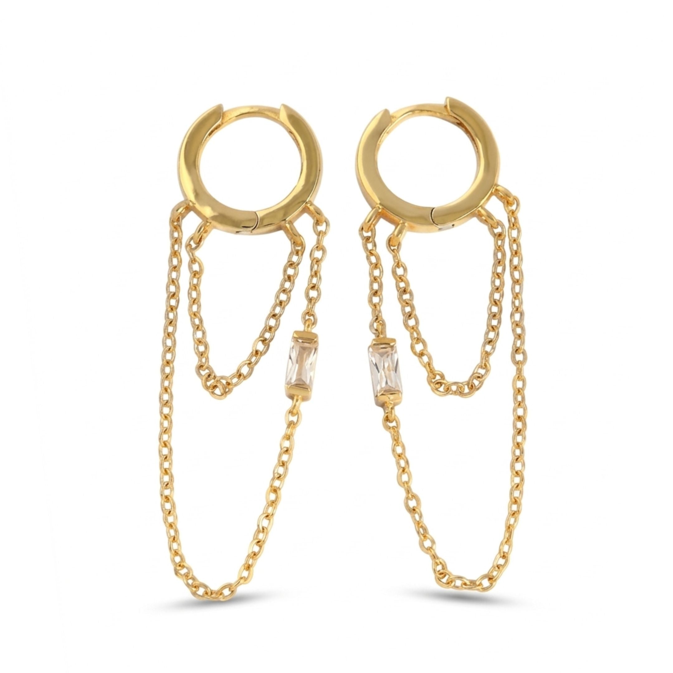 Gold hoop earrings with chains and clear beads on a white background