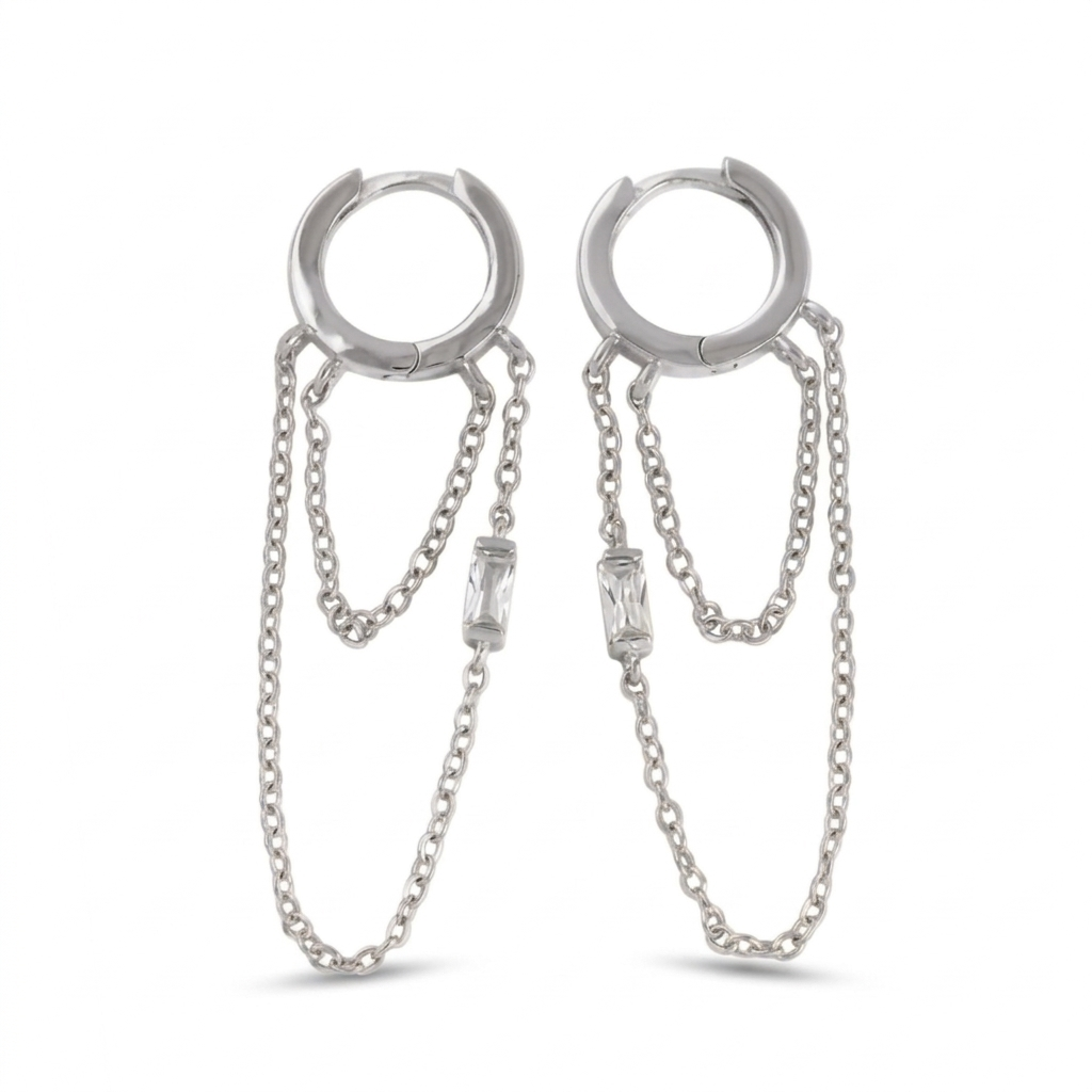 Silver hoop earrings with chain extensions on a white background
