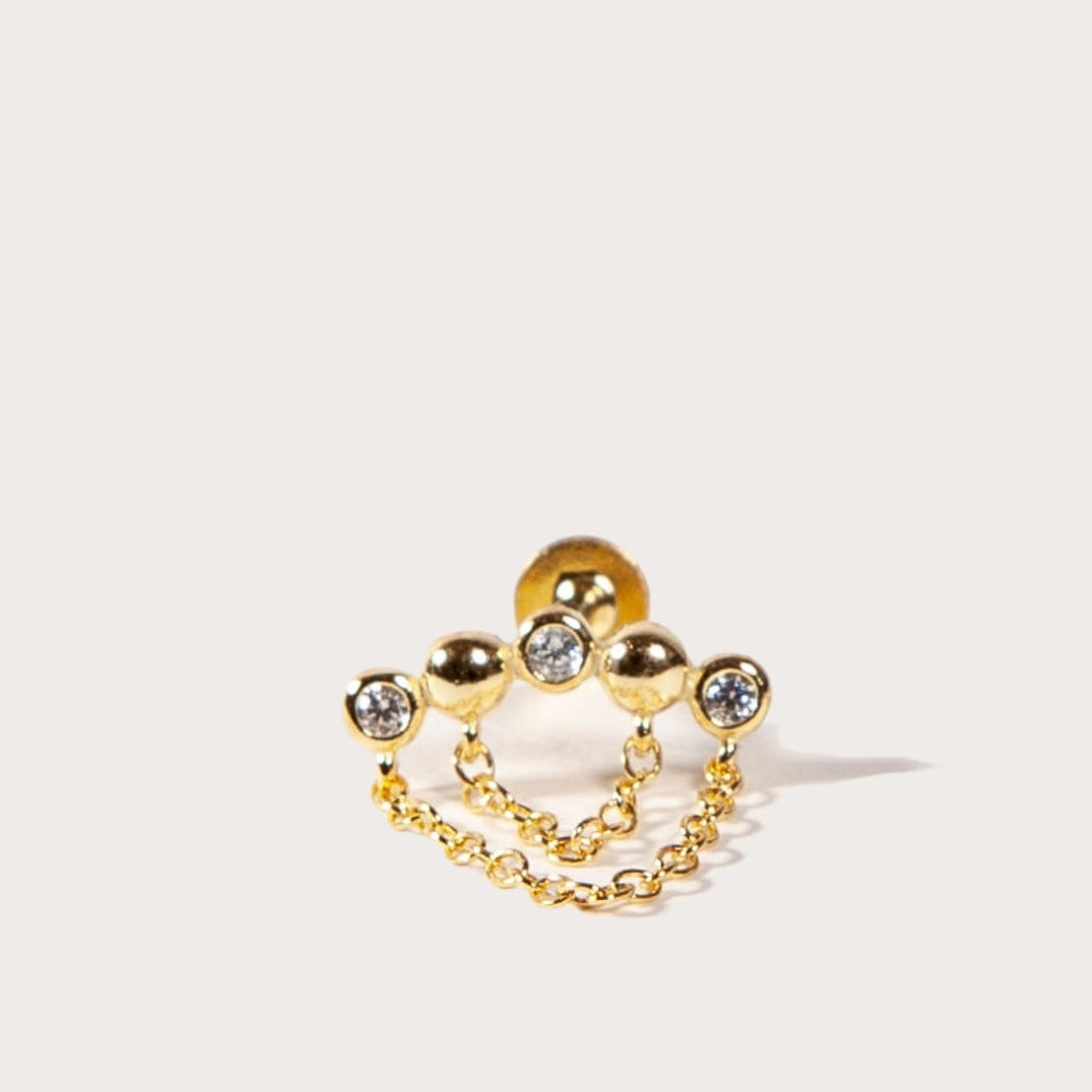 A single gold-colored beaded chain flatback stud earring with cubic zirconia embellishments.