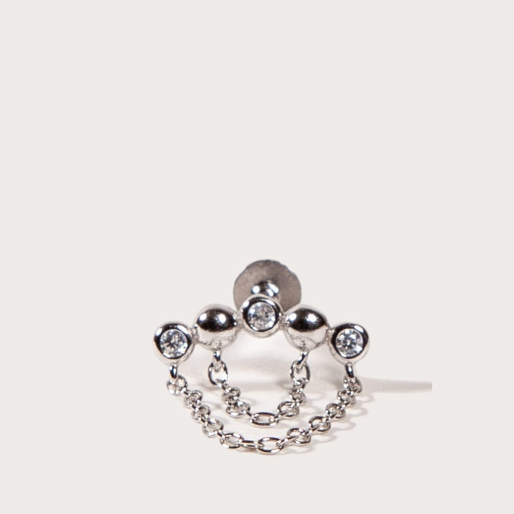 A single silver beaded chain flatback stud earring with cubic zirconia embellishments.