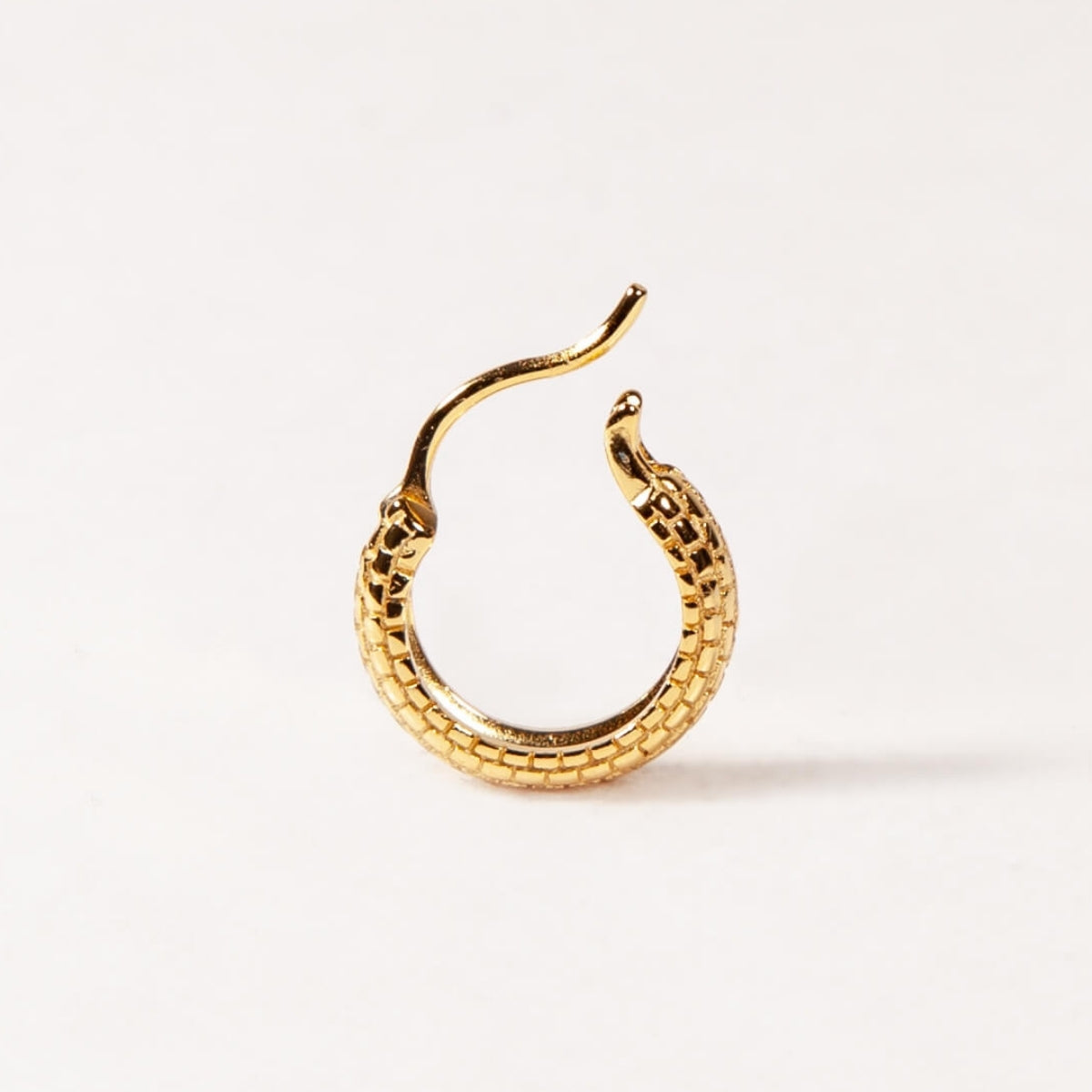Gold hoop earring on a white background