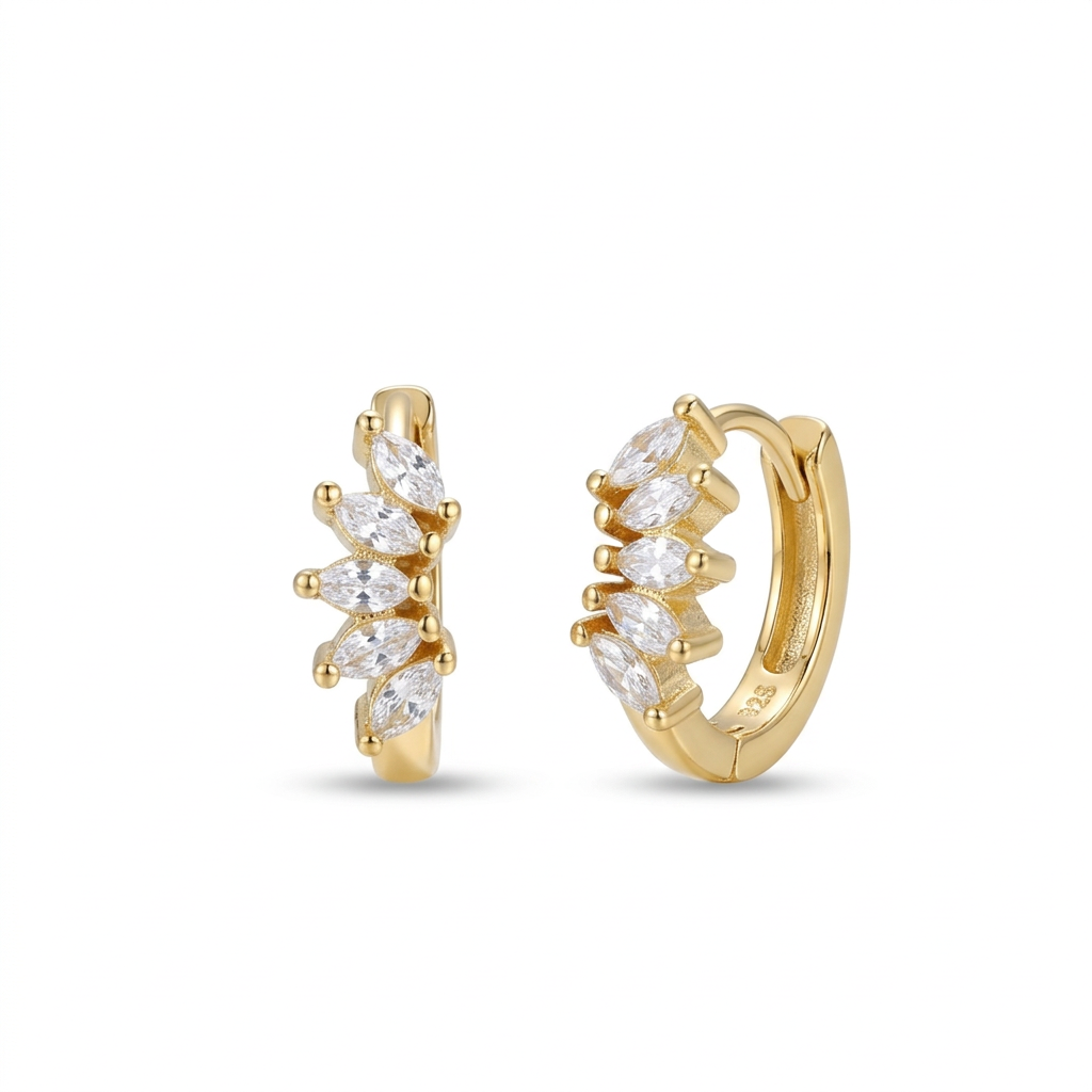 Gold hoop earrings with clear marquise-cut cz on a white background