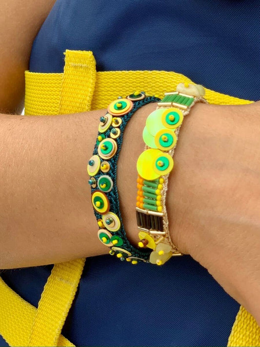 Handmade Bead Sequin Embroidery Bracelet Set in Green Yellow