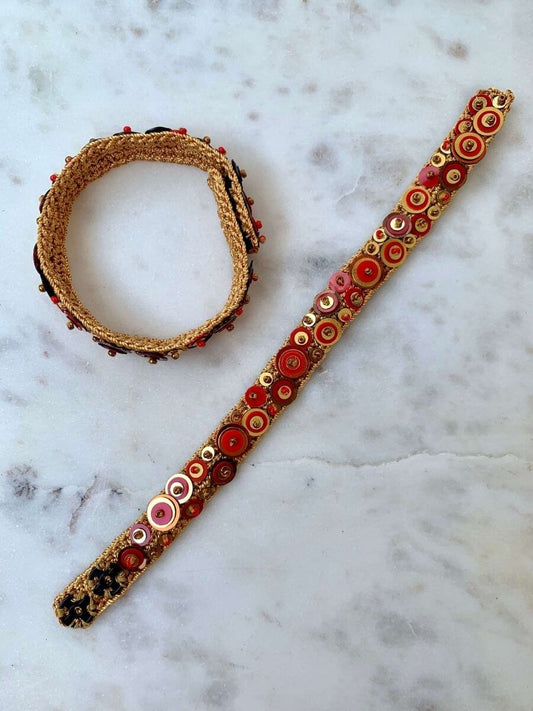 Handmade Bead Embroidery Pera Bracelet by Seyyah in Gold Color on a marble top
