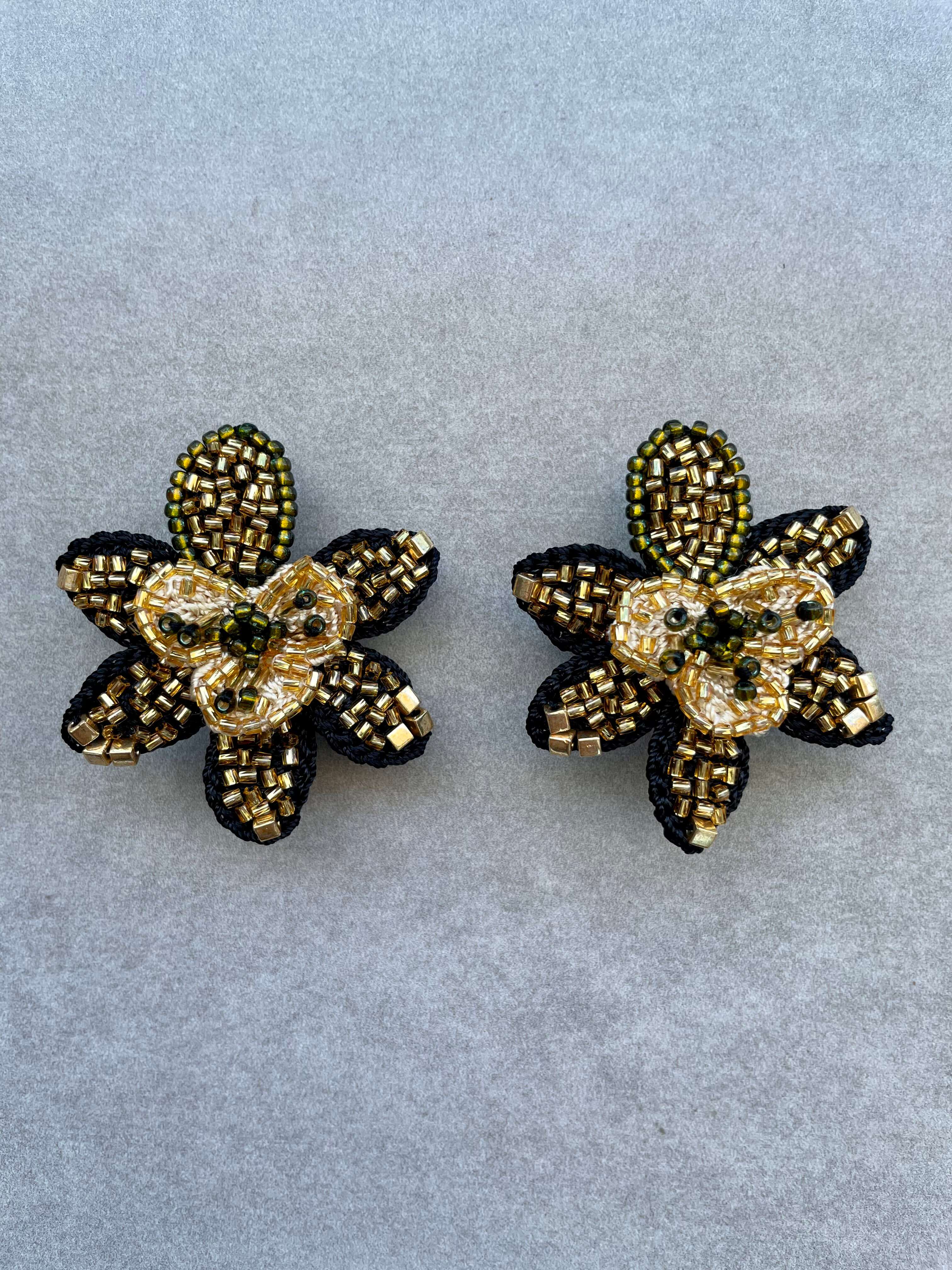 Bead Embroidery Crochet Peacock Earrings in Black