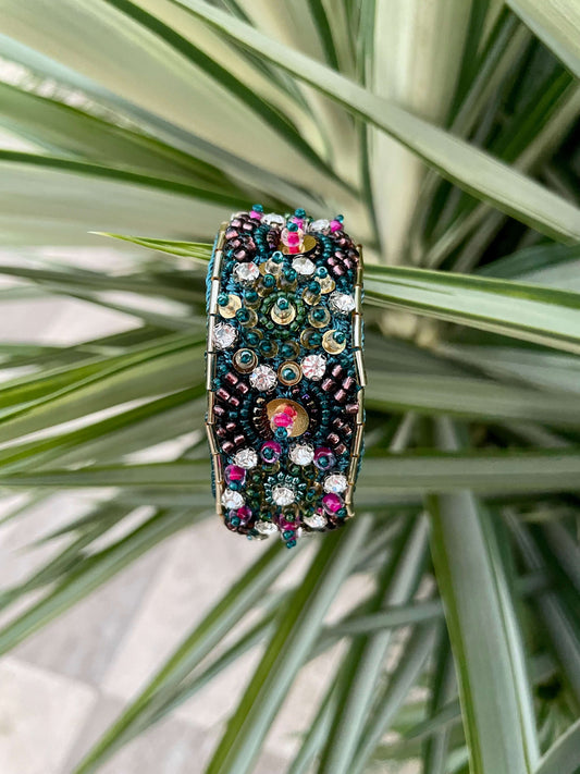 Pirilti Bead Embroidery Handmade Bracelet in Forest Green