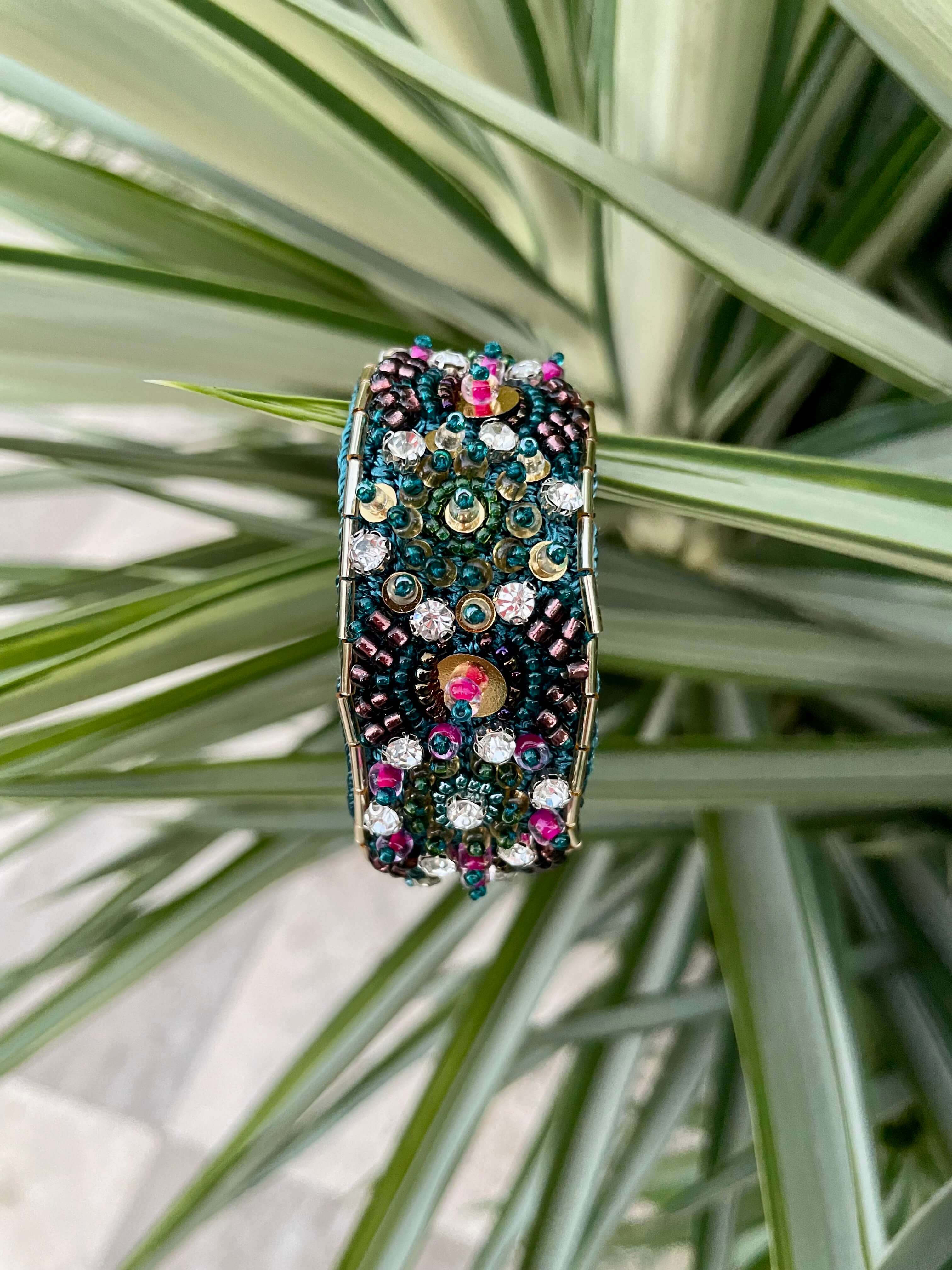 Pirilti Bead Embroidery Handmade Bracelet in Forest Green