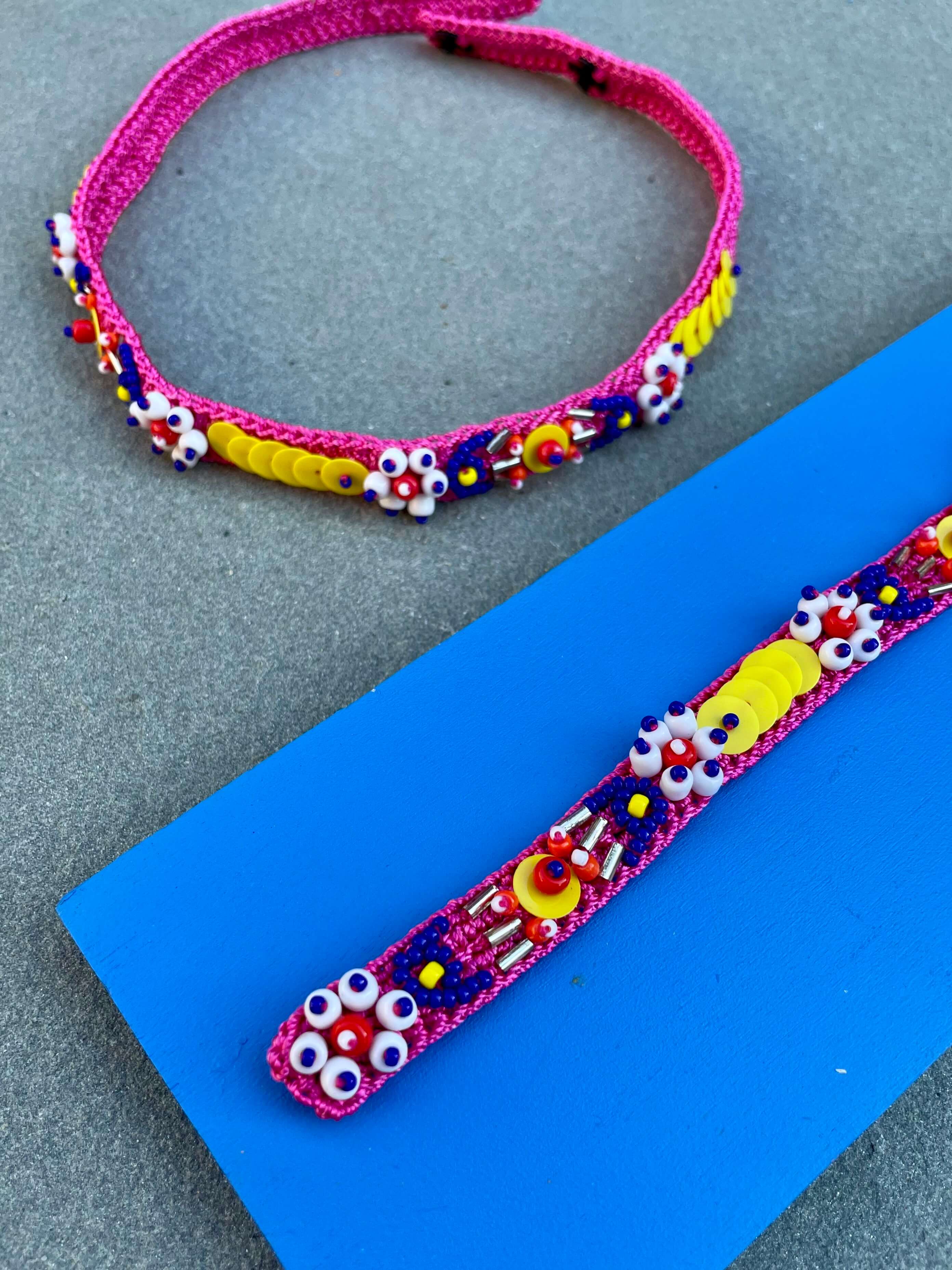 Floral Bead Embroidery Bracelet and Choker in Pink