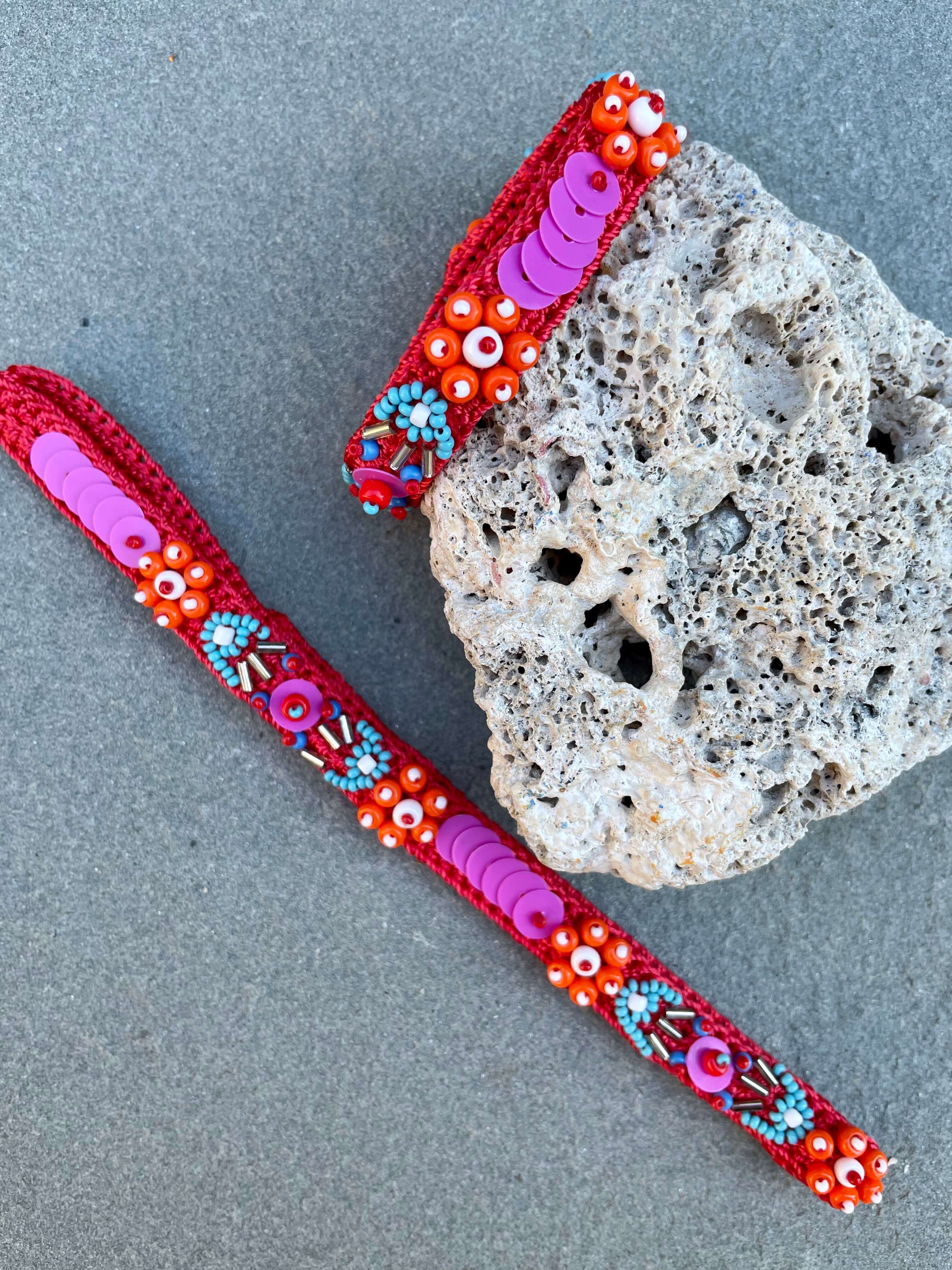 Floral Bead Embroidery Bracelet and Choker in Red
