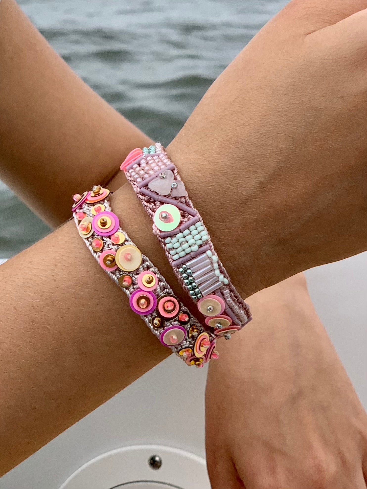 Two Blush Pink Miyuki Bead and Sequins Embroidery Bracelet by Seyyah