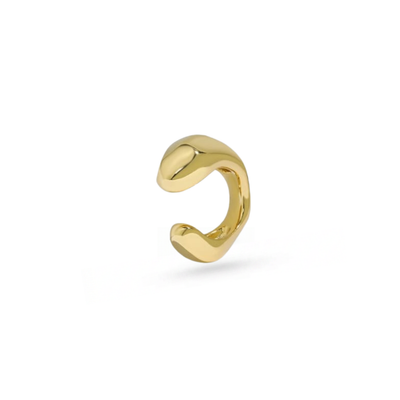 A polished gold cuff with a smooth, organic wavy curve, shown on a clean white background.