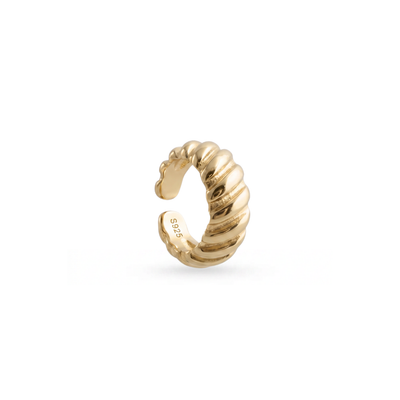 A twisted rope-style ear cuff in yellow gold, featuring a polished finish and a '925' sterling silver purity stamp on the inside, set against a plain white background.
