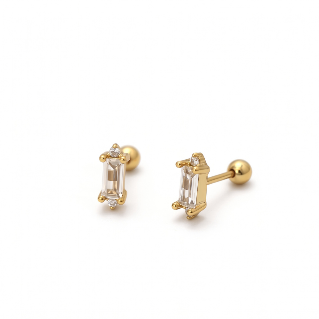 Baguette CZ Studs with ball back closure in gold tone