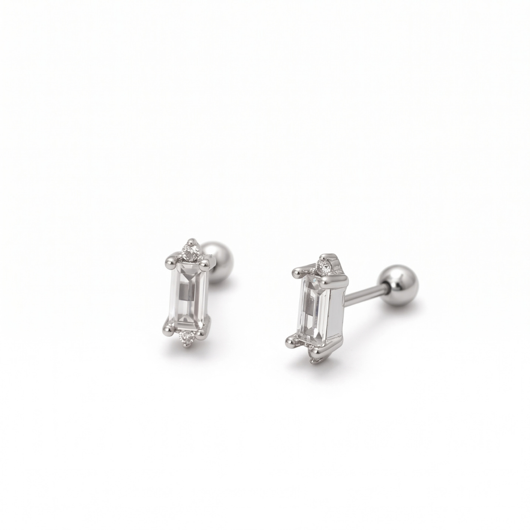 Baguette CZ Studs with ball back closure in silver