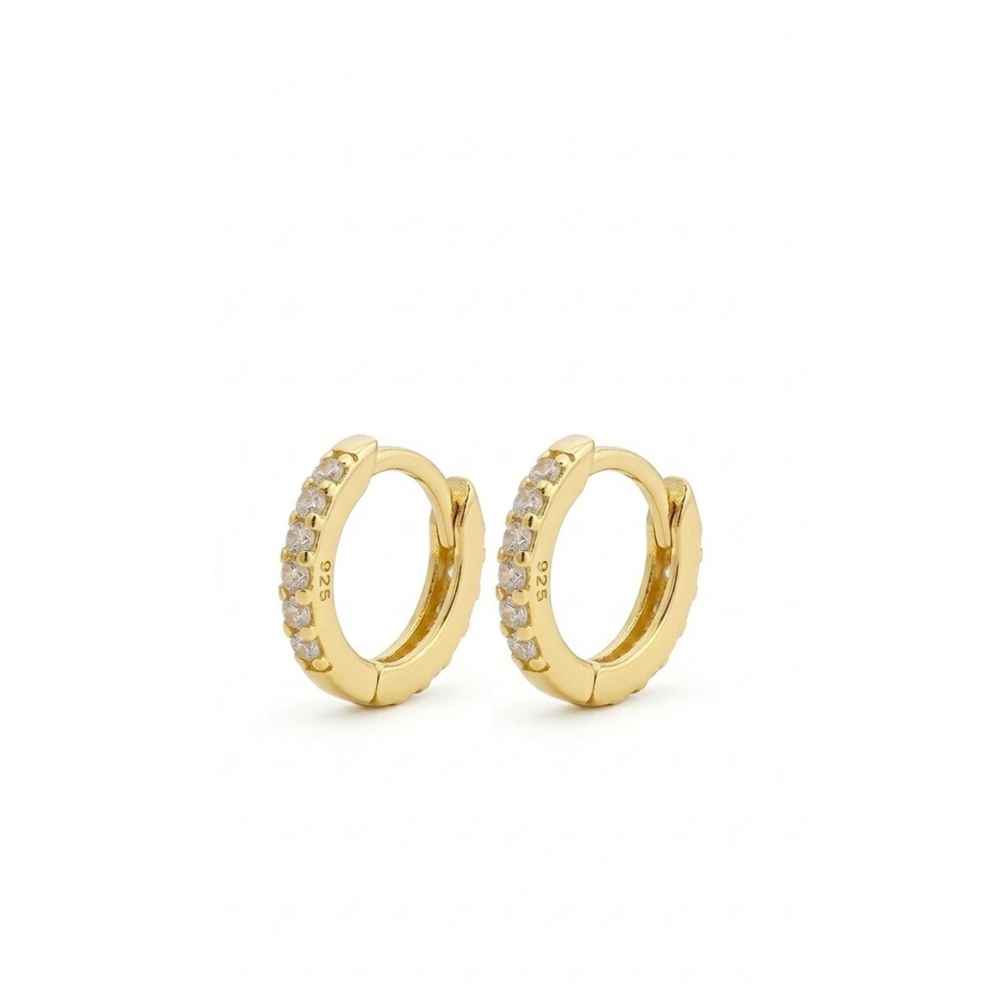 Gold hoop earrings with embedded stones on a white background 7mm