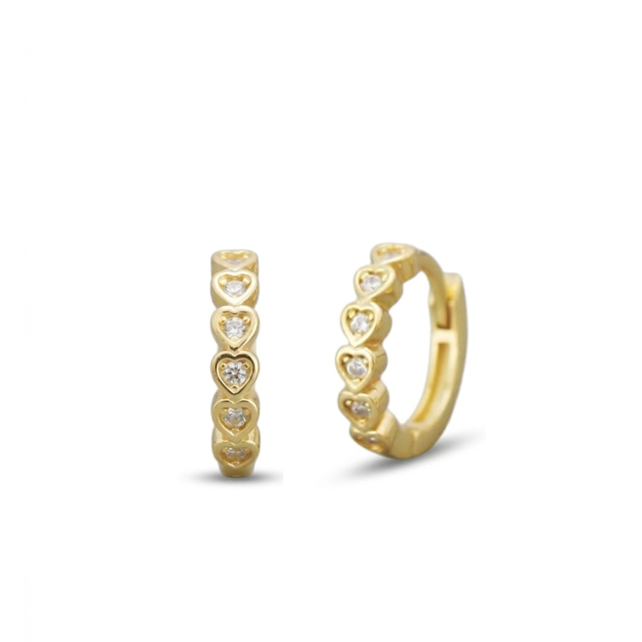 Gold hoop earrings with heart designs on a white background