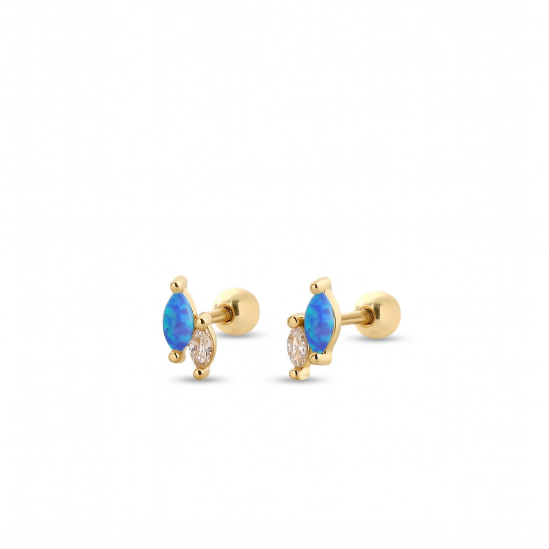 A pair of gold stud earrings featuring marquise-cut blue opal and round clear stones, shown on a clean white background.