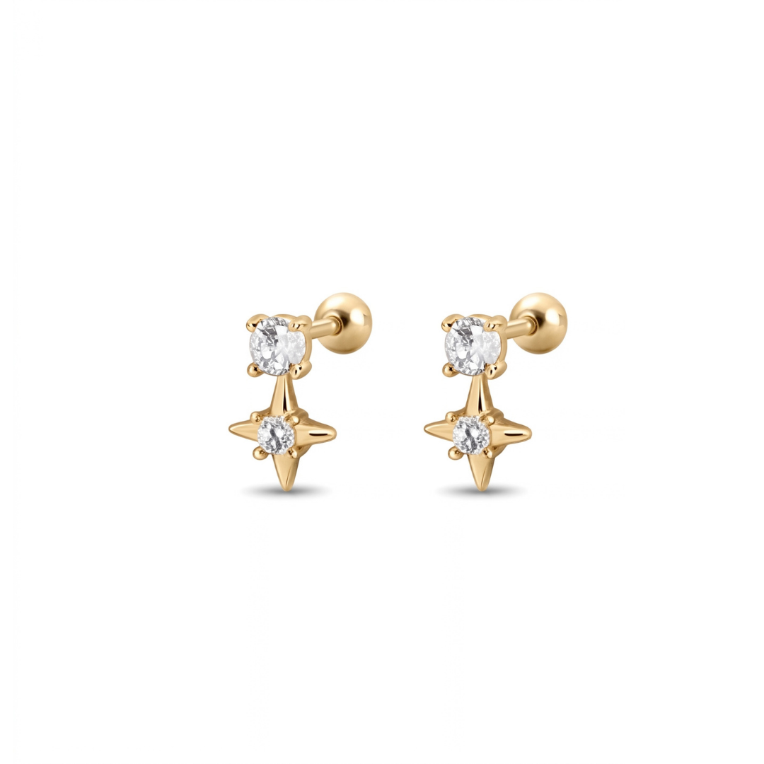 A pair of gold stud earrings featuring a round-cut clear cz and a dangling four-pointed star charm, set against a plain white background.