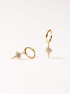 Gold star-shaped earrings and ring on a white background