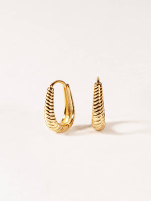 Pair of gold oval hoop earrings on a light beige background