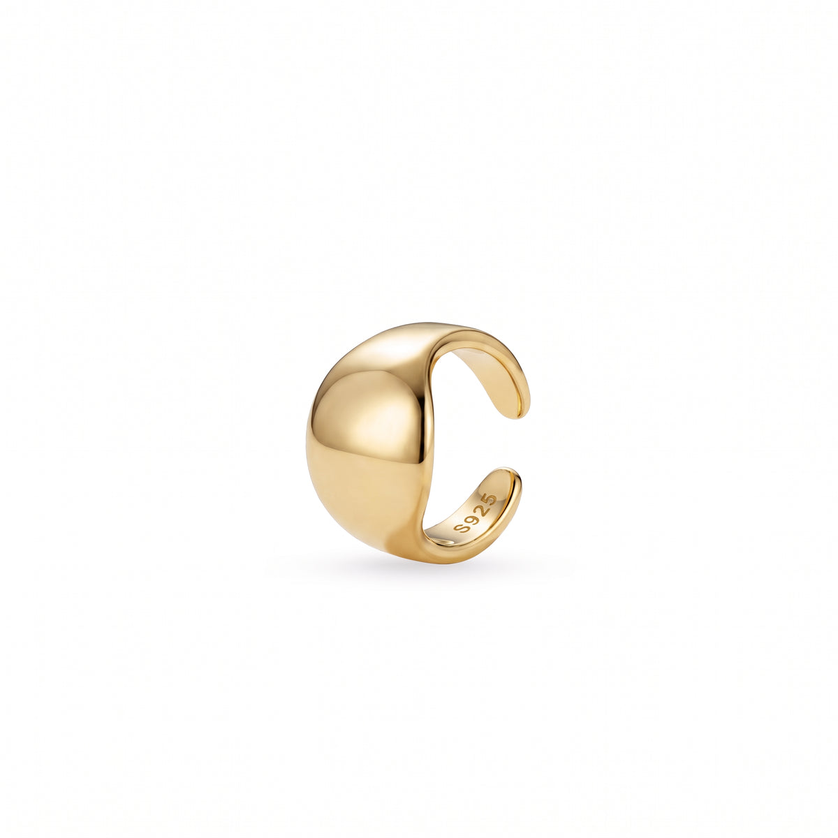 A polished yellow gold crescent-shaped cuff with a smooth, rounded dome and an open split design, shown on a clean white background.