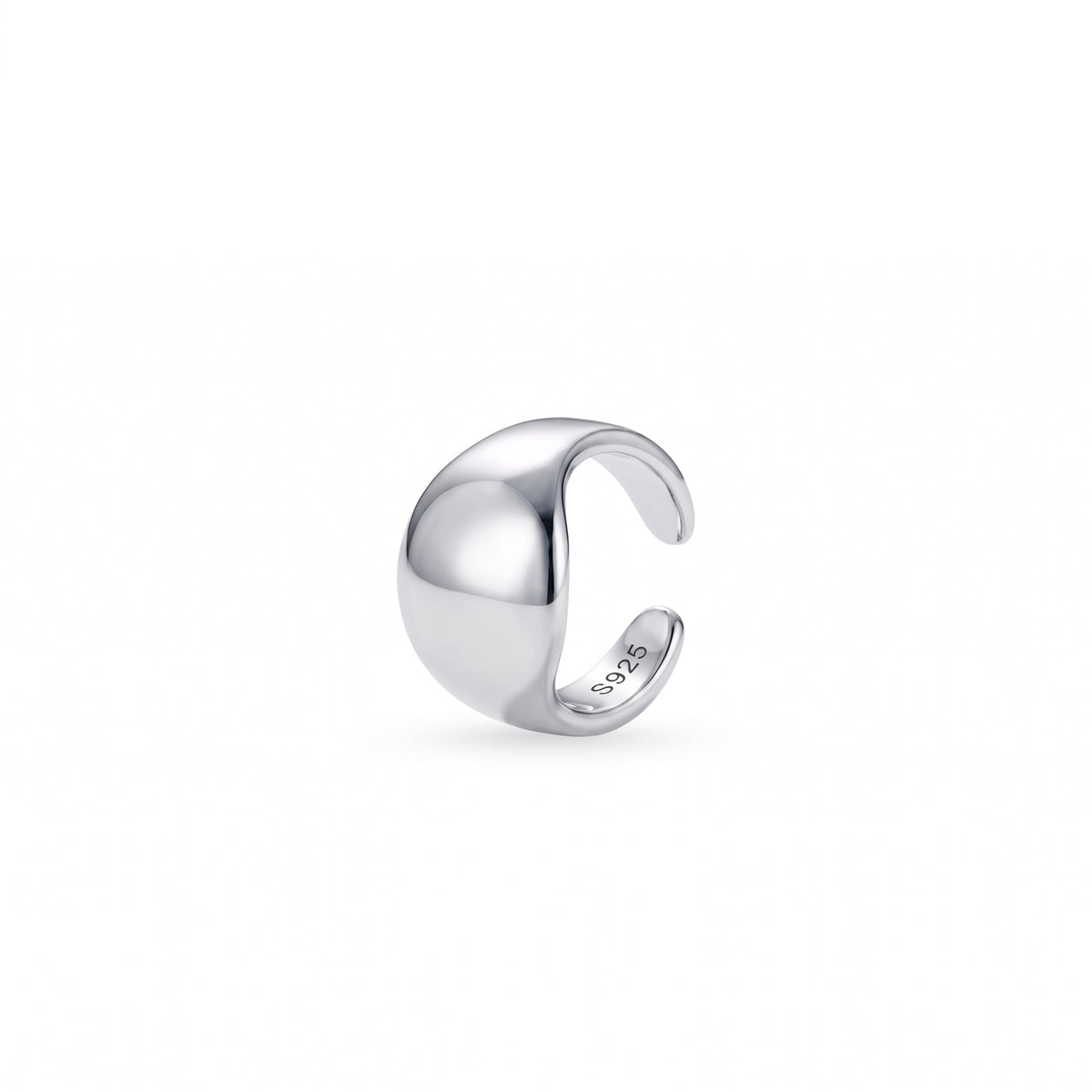 A polished sterling silver cuff with a smooth, rounded, dome-like curve, shown on a clean white background with a soft shadow.
