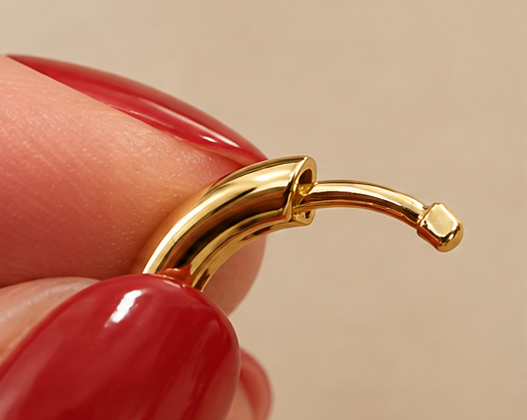 LOOK FOR DAMAGE

Inspect the hinge, post, and clasp for cracks, looseness, or visible damage. If anything appears broken, avoid forcing the earring closed.