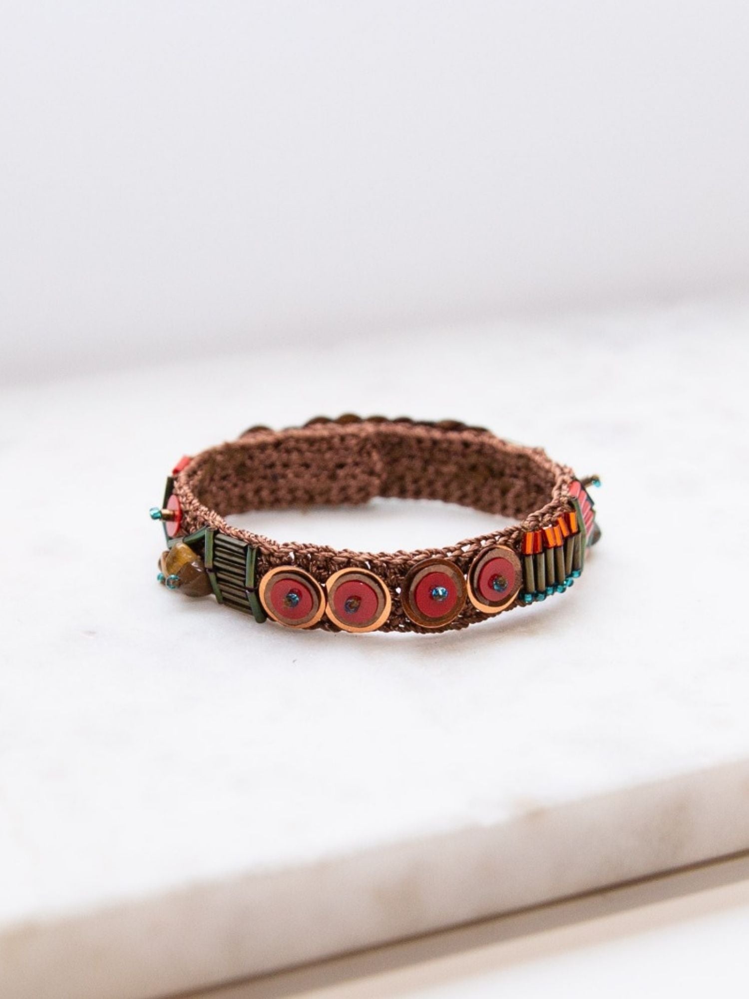 Red Brown Bead Embroidery Handmade Bracelet by Seyyah