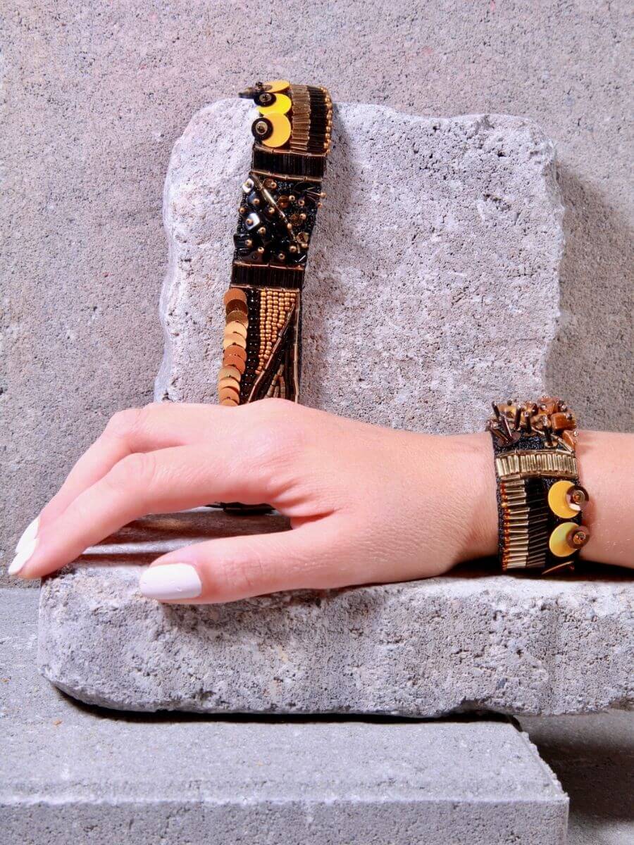 Ada Handmade Embroidery Bracelet by Seyyah in Black and Gold