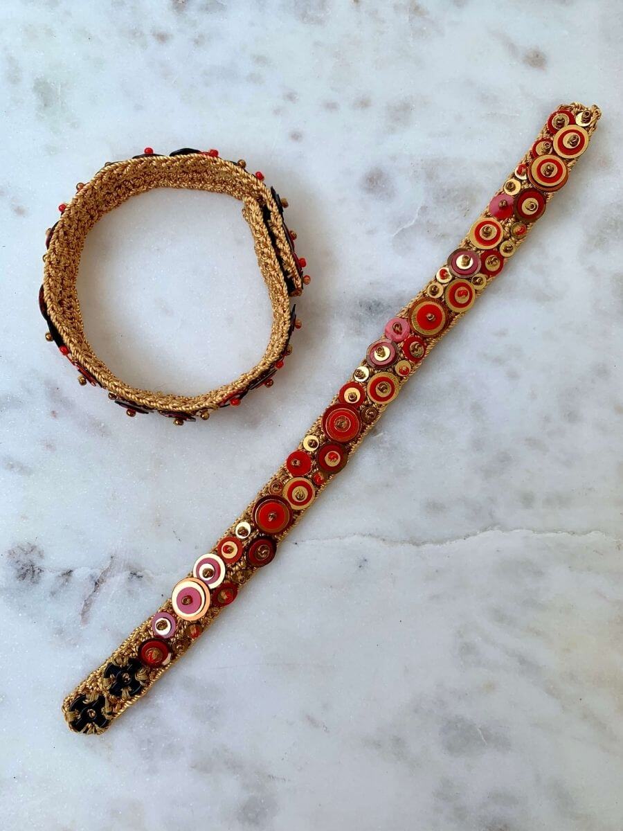 Handmade Bead Embroidery Pera Bracelet by Seyyah in Gold Color  on a marble top