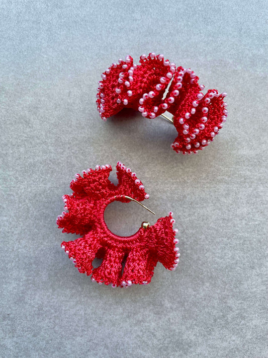 Bead Embroidery Crochet Mini Flamenco Earrings in Red