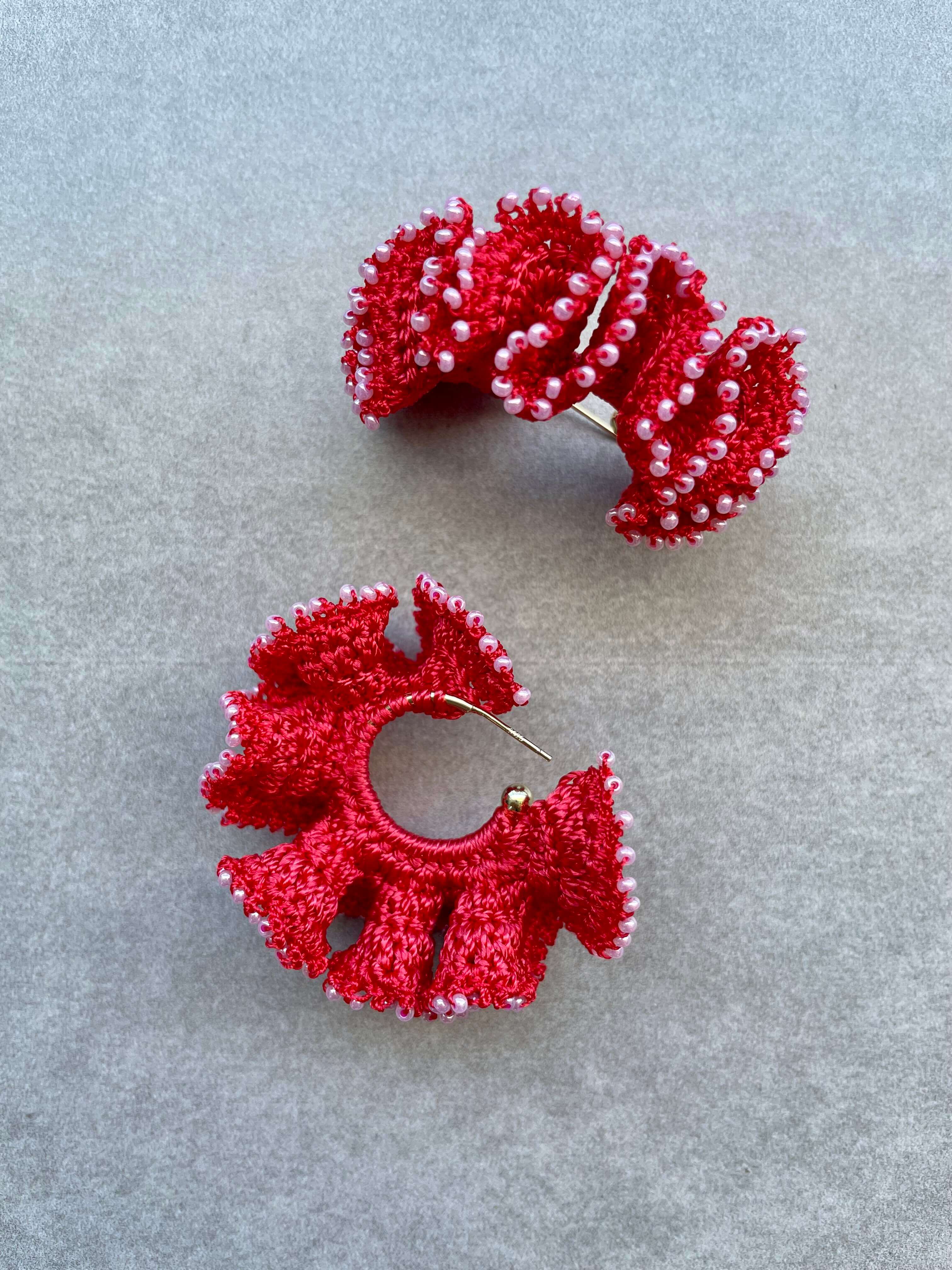 Bead Embroidery Crochet Mini Flamenco Earrings in Red