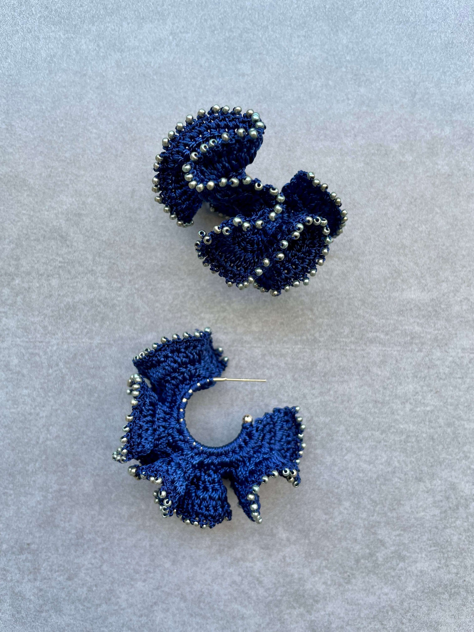 Bead Embroidery Crochet Mini Flamenco Earrings in Navy
