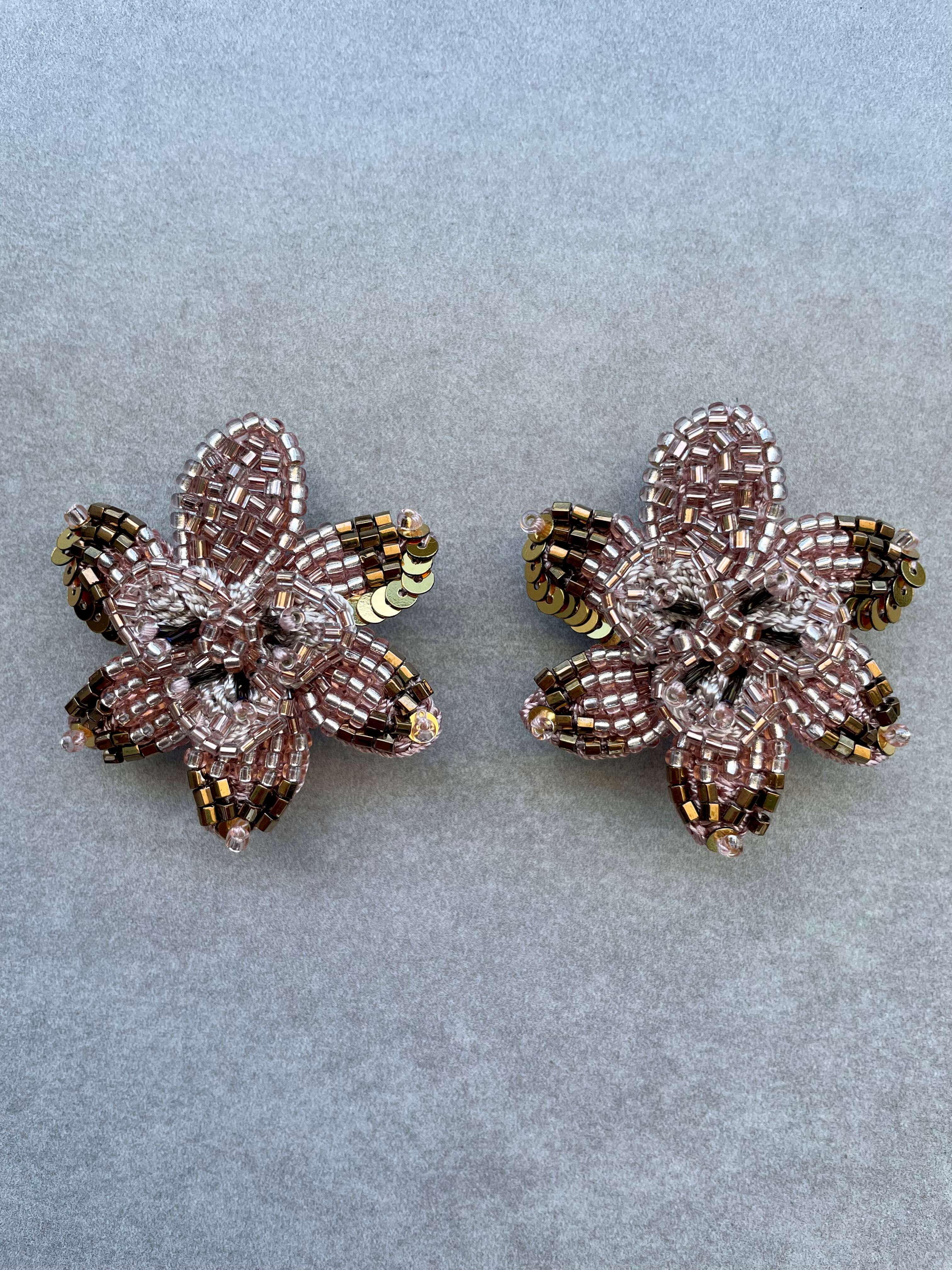 Bead Embroidery Crochet Peacock Earrings in Blush