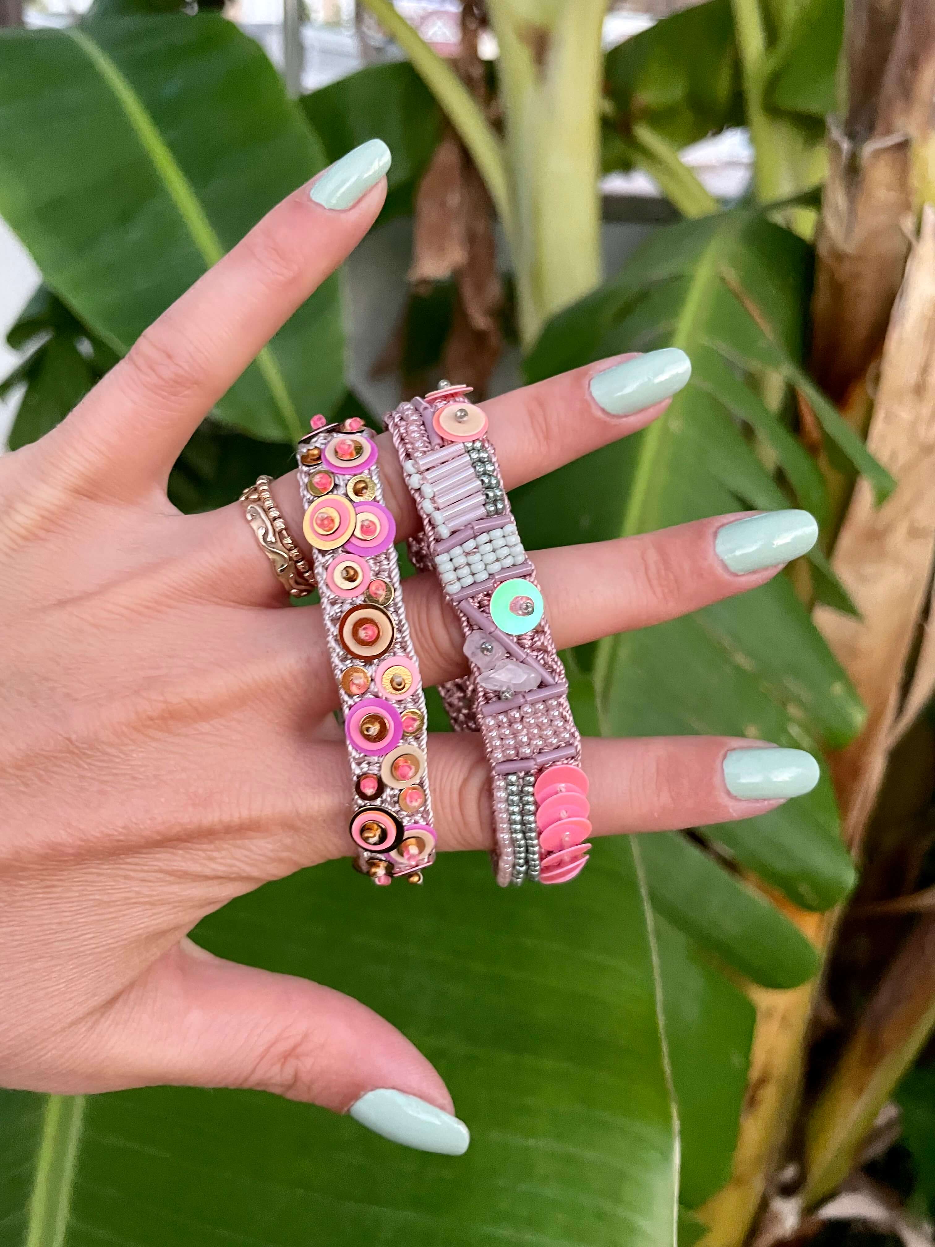 Handmade Bead and Sequin Embroidery Bracelets by Seyyah in Blush with Leaves at the back