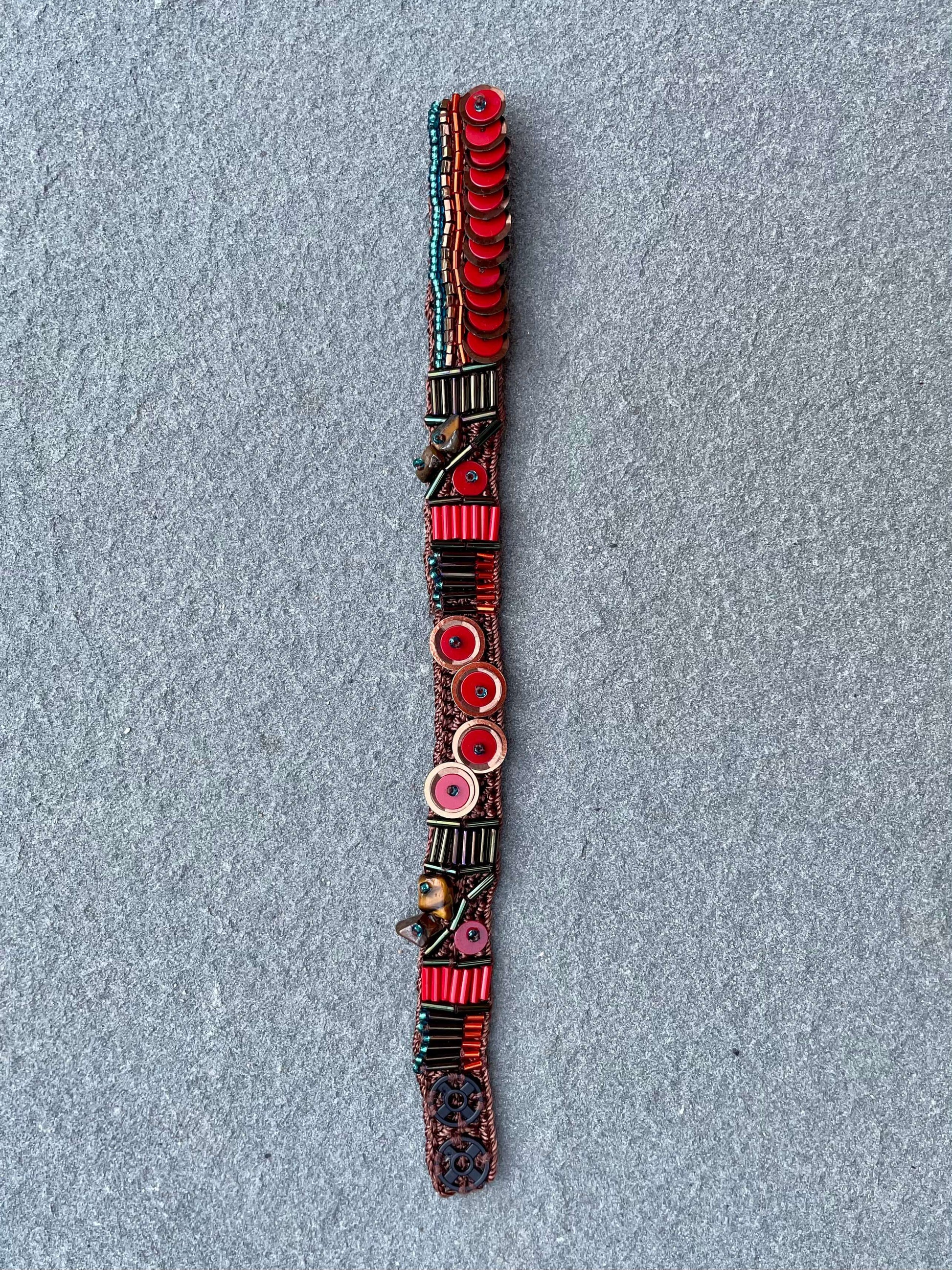 Red Brown Bead Embroidery Handmade Bracelet  by Seyyah