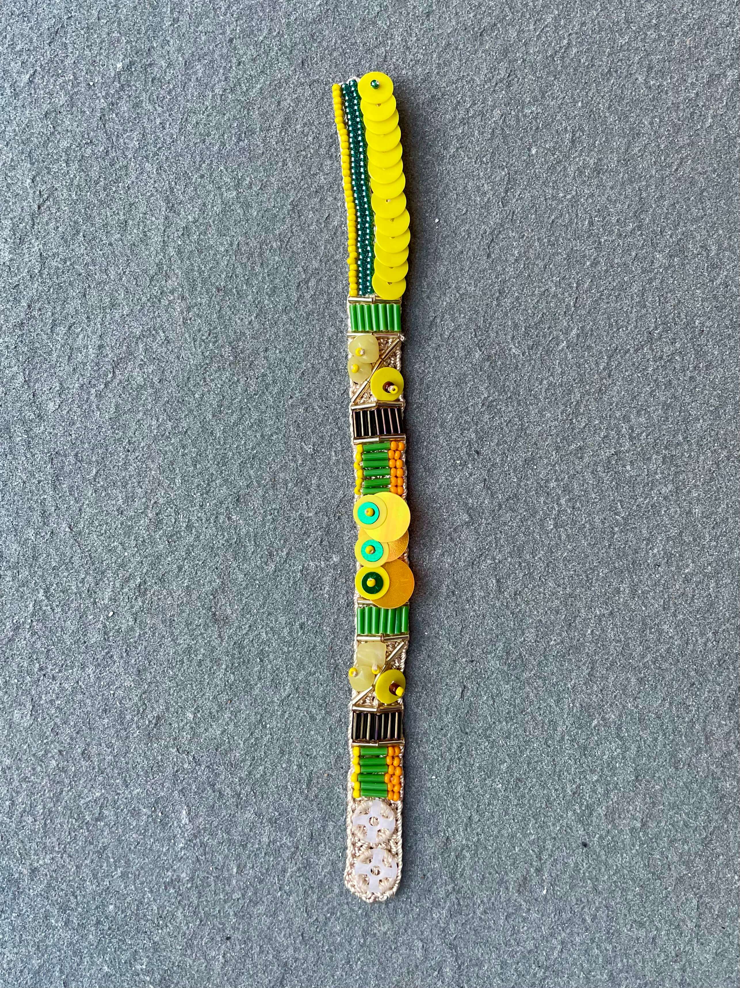 Yellow and Green Blush Pink Miyuki Bead and Sequins Embroidery Bracelet by Seyyah