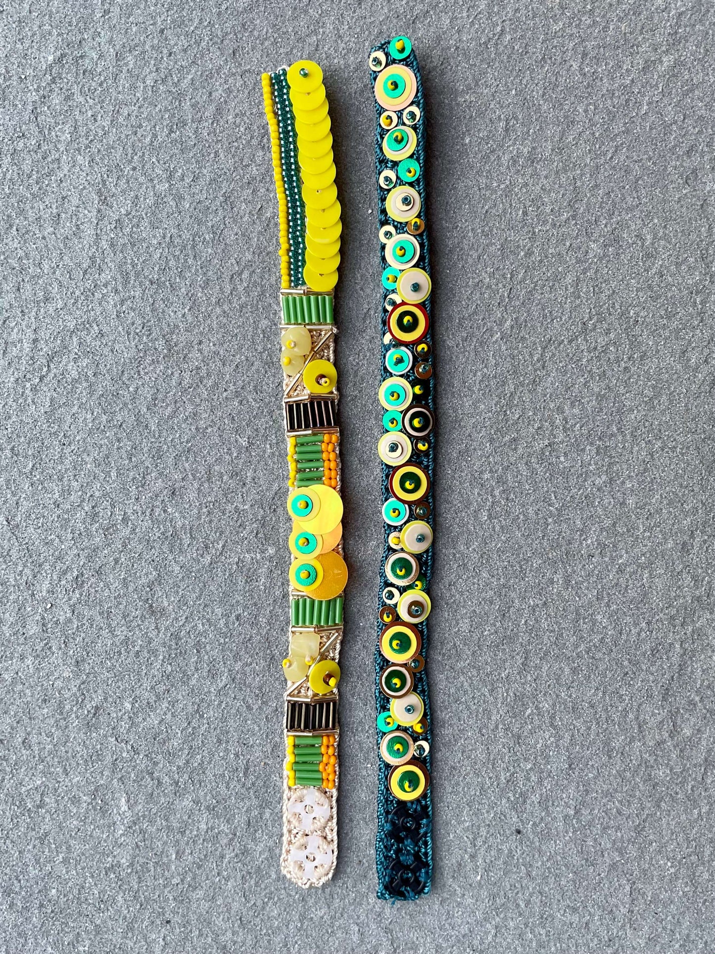 Handmade Bead Sequin Embroidery Bracelet Set in Green Yellow