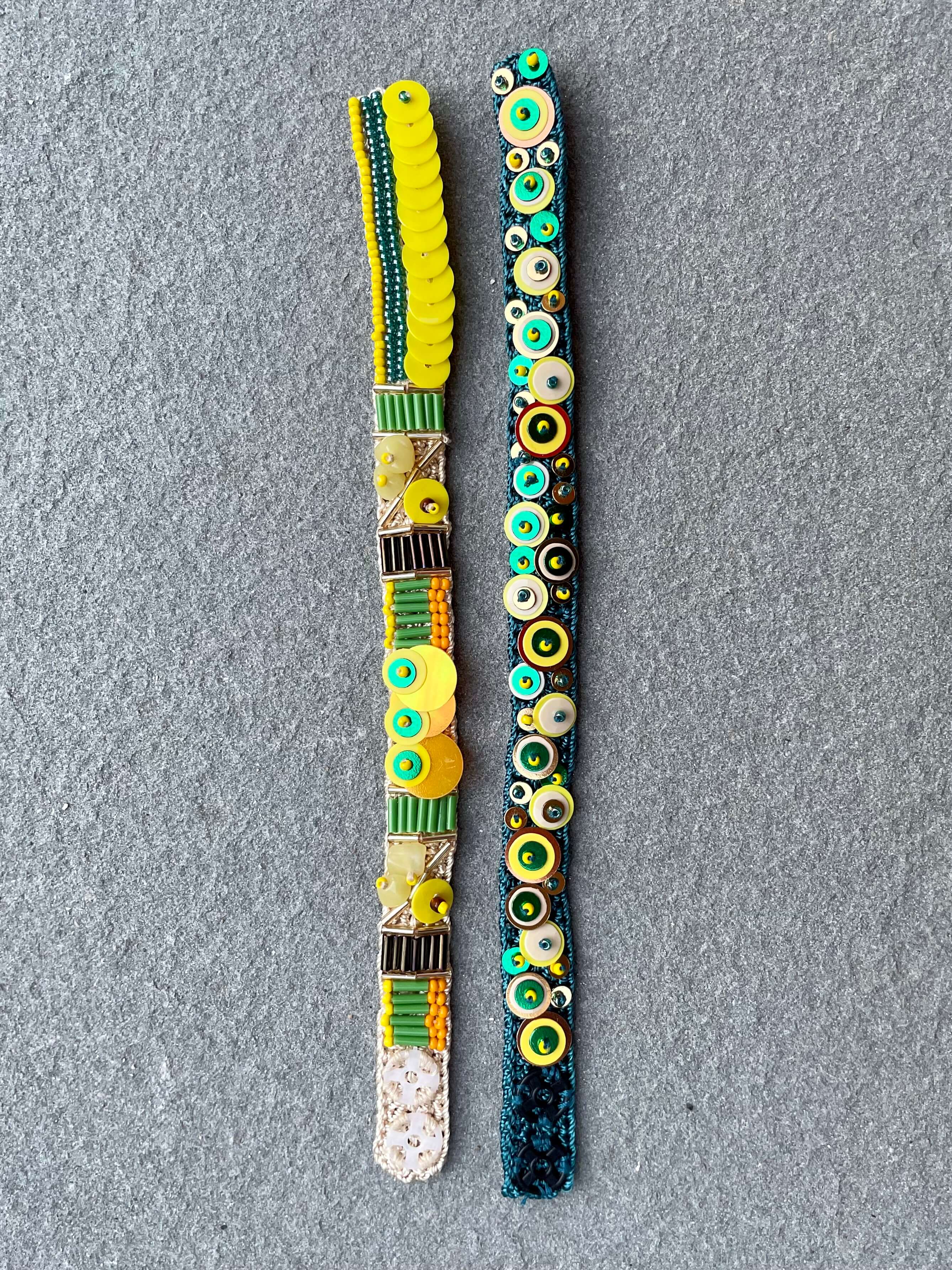 Handmade Bead Sequin Embroidery Bracelet Set in Green Yellow
