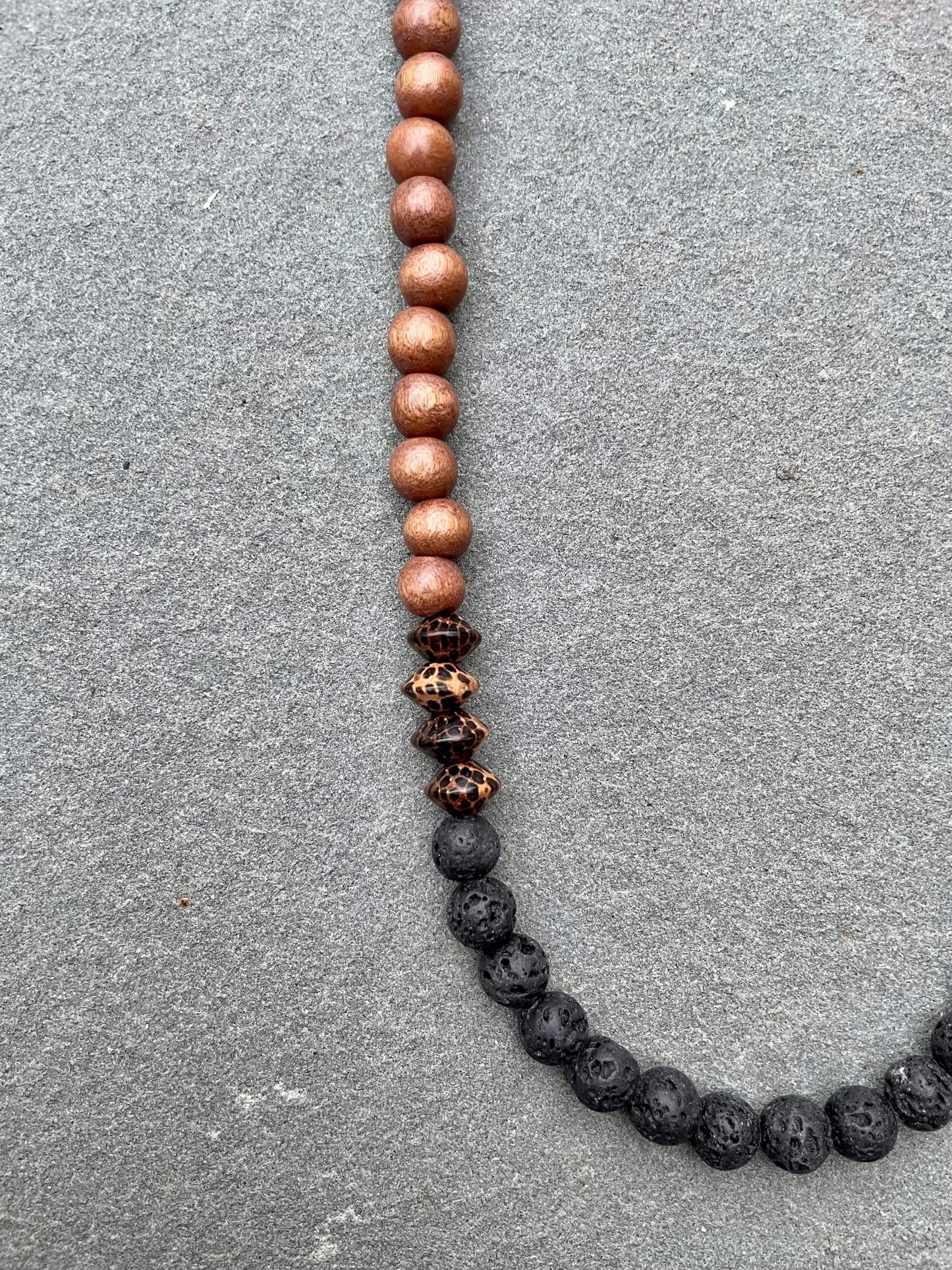 Brown Wood & Stone Necklace with Black Lava Rock