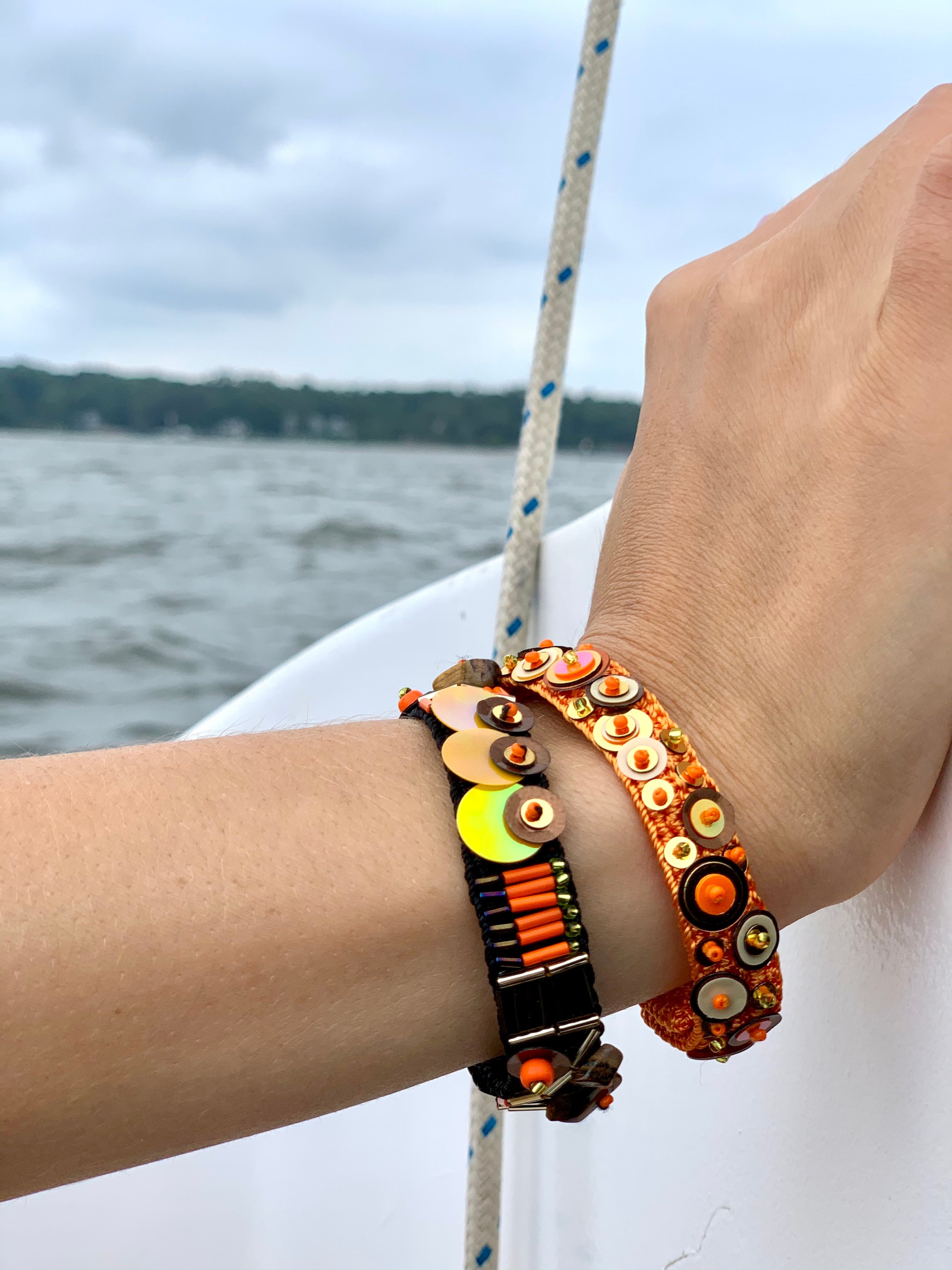 Orange Black Miyuki Bead and Sequins Embroidery Bracelet by Seyyah